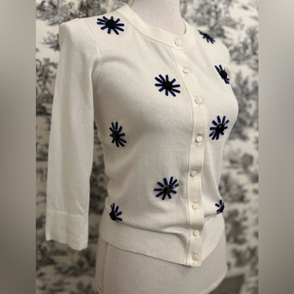Kate Spade womens white cardigan with blue rhinestones. Size XS